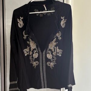 Free People Black Embroidered Blouse